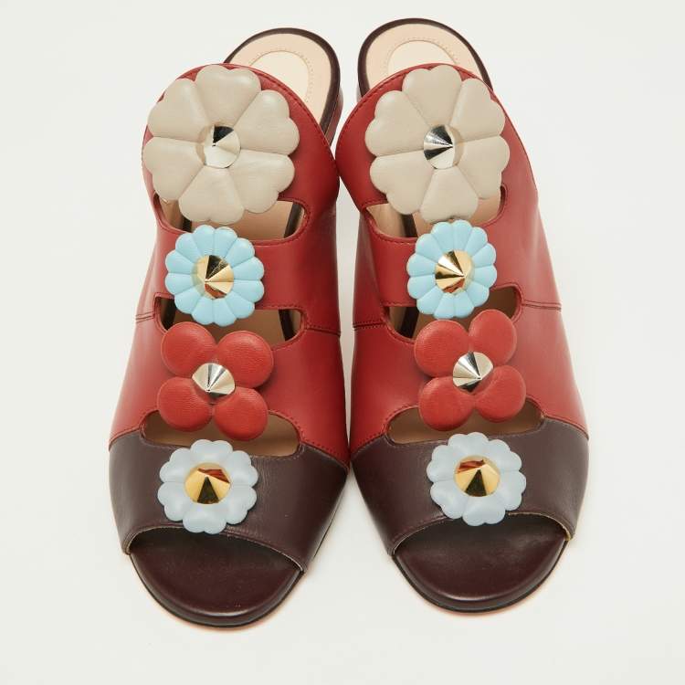 Pre Owned Fendi Red/Dark Brown Leather Flowerland Mules Size 38