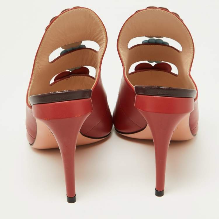 Pre Owned Fendi Red/Dark Brown Leather Flowerland Mules Size 38