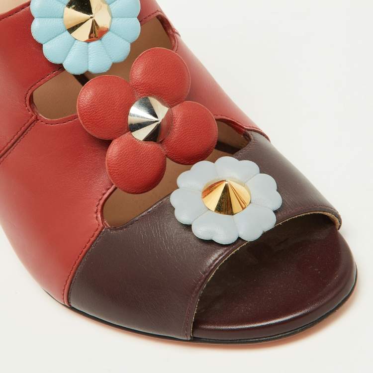 Pre Owned Fendi Red/Dark Brown Leather Flowerland Mules Size 38