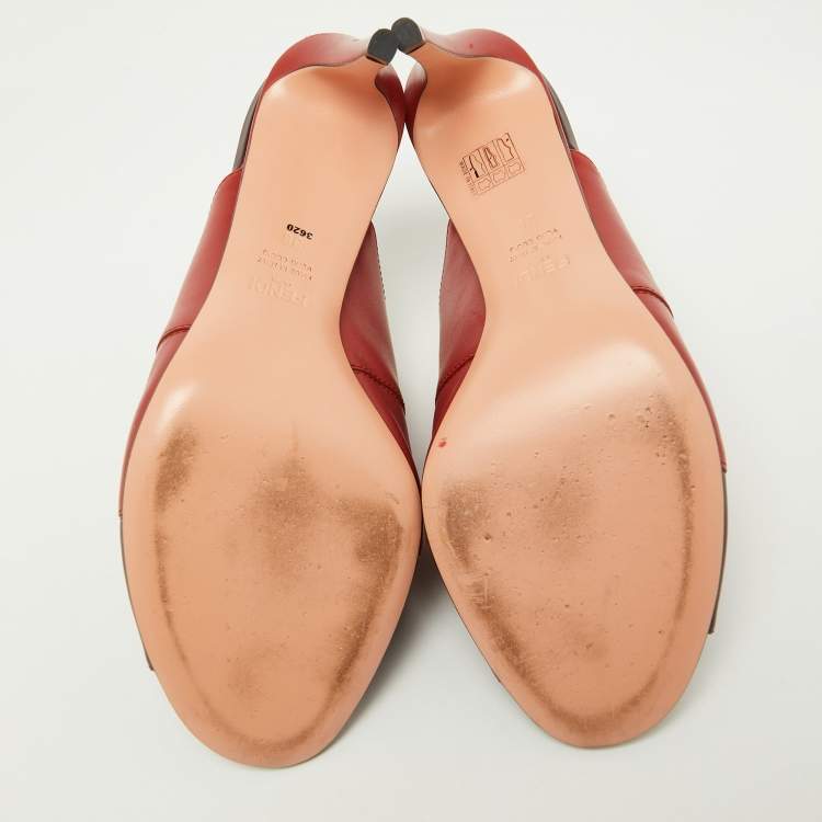 Pre Owned Fendi Red/Dark Brown Leather Flowerland Mules Size 38