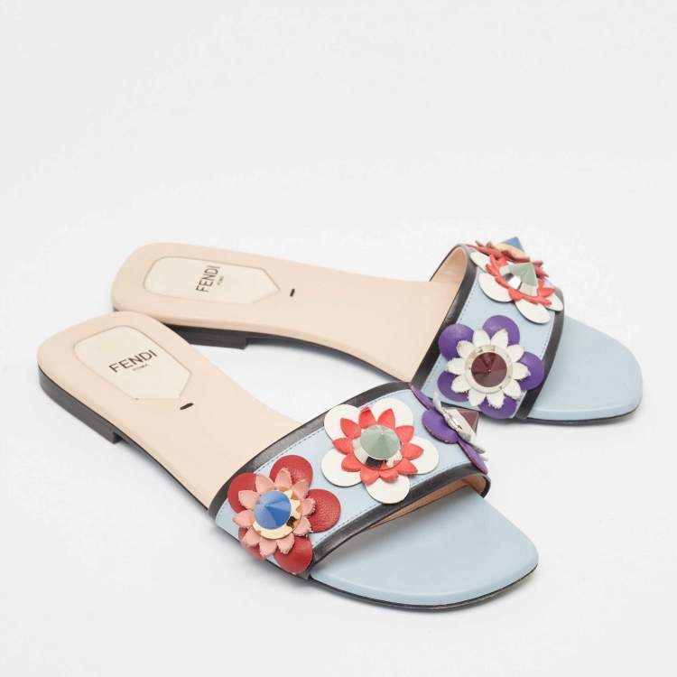 Pre Owned Fendi Blue Leather Flowerland Flat Slides Size 37