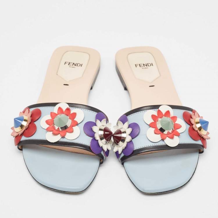 Pre Owned Fendi Blue Leather Flowerland Flat Slides Size 37