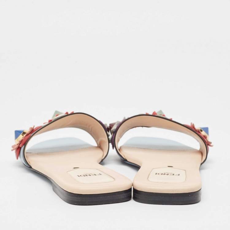Pre Owned Fendi Blue Leather Flowerland Flat Slides Size 37