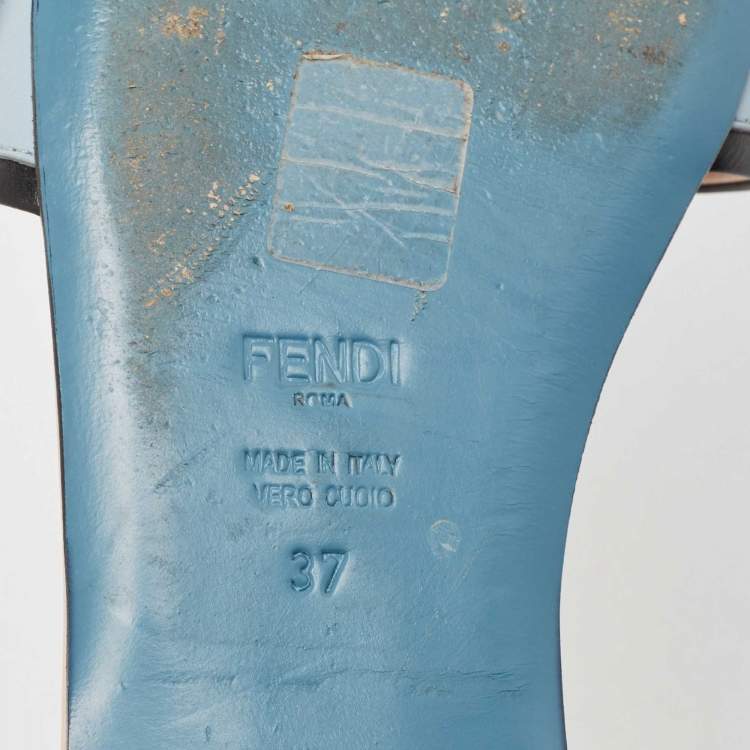 Pre Owned Fendi Blue Leather Flowerland Flat Slides Size 37