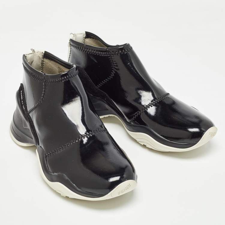 Pre Owned Fendi Black Patent Leather FFluid Zip Up Sneakers Size 40