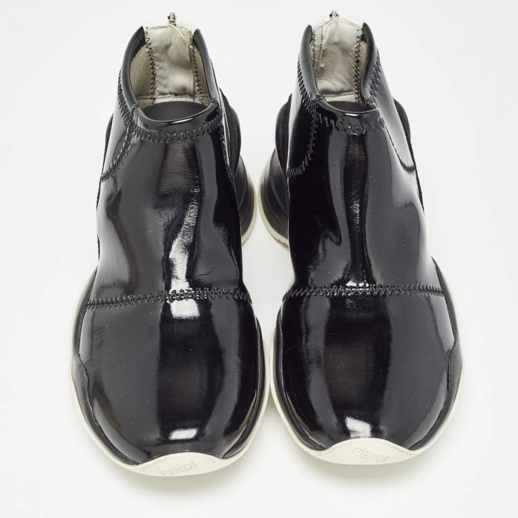 Pre Owned Fendi Black Patent Leather FFluid Zip Up Sneakers Size 40