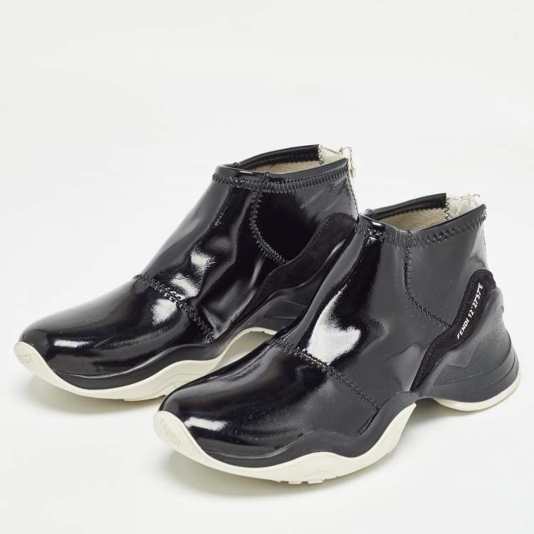 Pre Owned Fendi Black Patent Leather FFluid Zip Up Sneakers Size 40