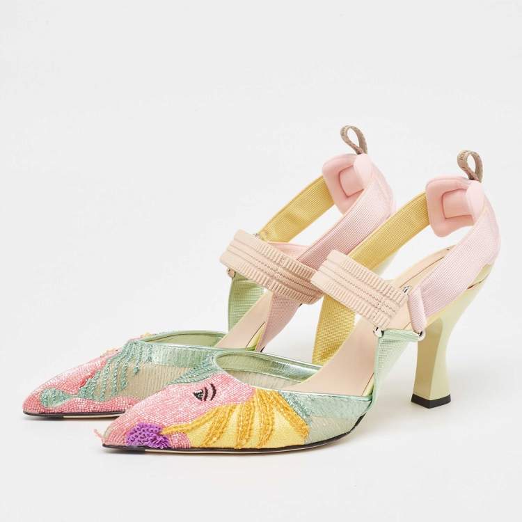 【関税＆送料込み】Fendi Multicolour Mesh Medium-Heeled Hum FENDI Colibri Mesh Medium Heeled Slingbacks Size 7.5 NEW