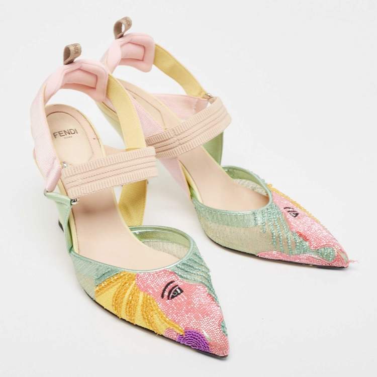 Pre Owned Fendi Multicolor Beaded Mesh Colibri Slingback Pumps Size 40