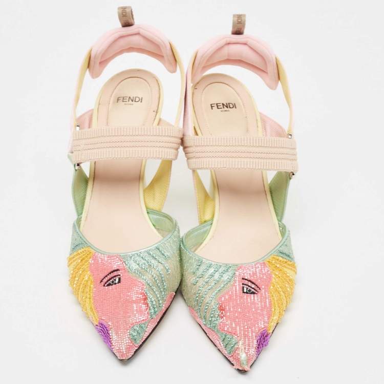 Pre Owned Fendi Multicolor Beaded Mesh Colibri Slingback Pumps Size 40