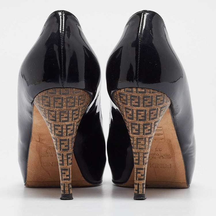 Pre Owned Fendi Black Patent Leather Zucca Heel Platform Pumps Size 35