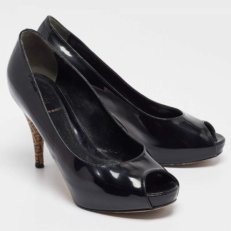 Pre Owned Fendi Black Patent Leather Zucca Heel Platform Pumps Size 35