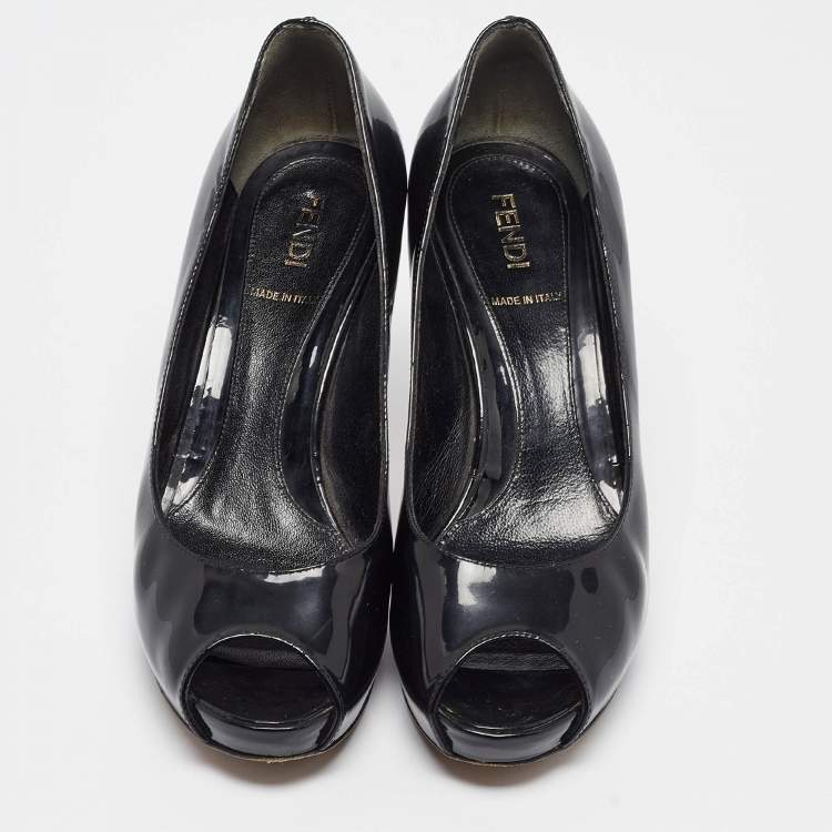 Pre Owned Fendi Black Patent Leather Zucca Heel Platform Pumps Size 35