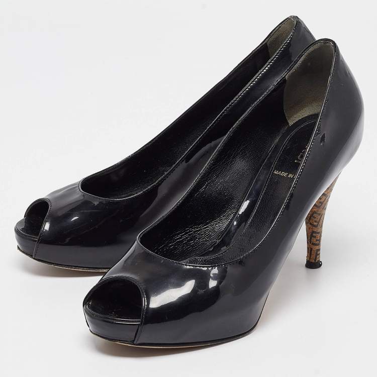 Pre Owned Fendi Black Patent Leather Zucca Heel Platform Pumps Size 35