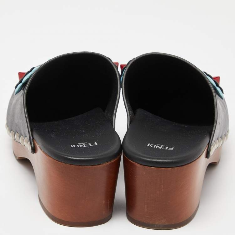 Pre Owned Fendi Black Leather Embellished Clogs Size 38.5