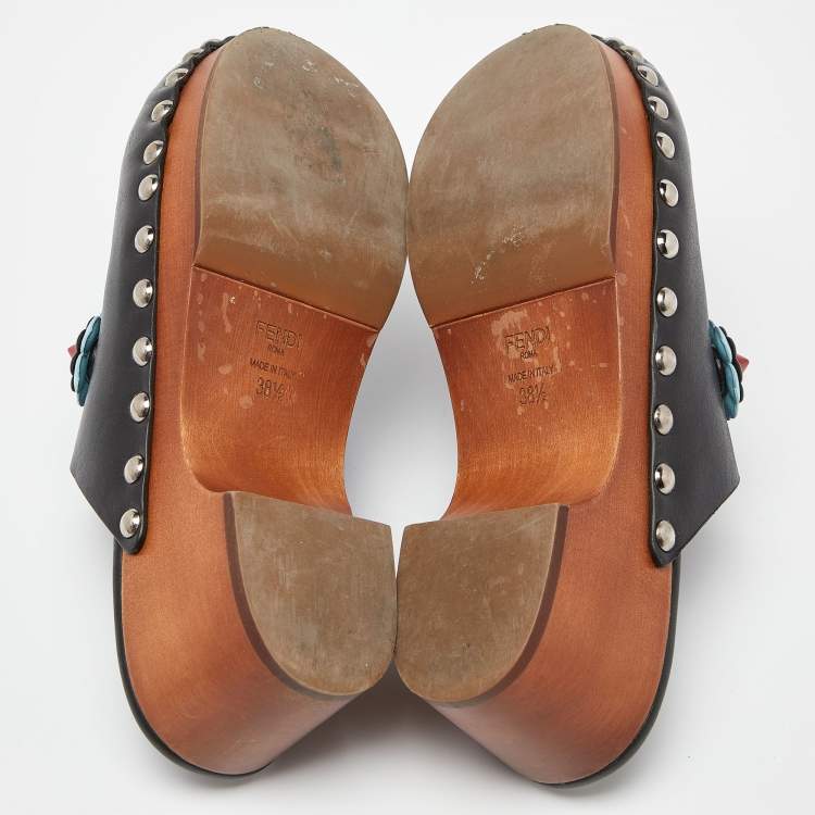 Pre Owned Fendi Black Leather Embellished Clogs Size 38.5