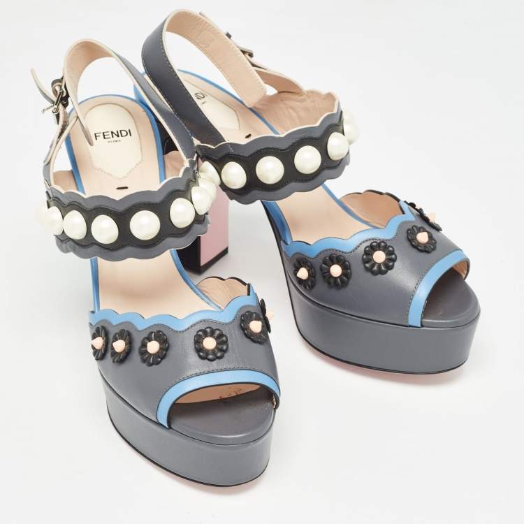 Pre Owned Fendi Grey/Blue Leather Faux Pearl Embellished Platform Sandals Size 40
