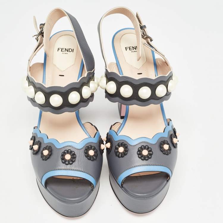 Pre Owned Fendi Grey/Blue Leather Faux Pearl Embellished Platform Sandals Size 40