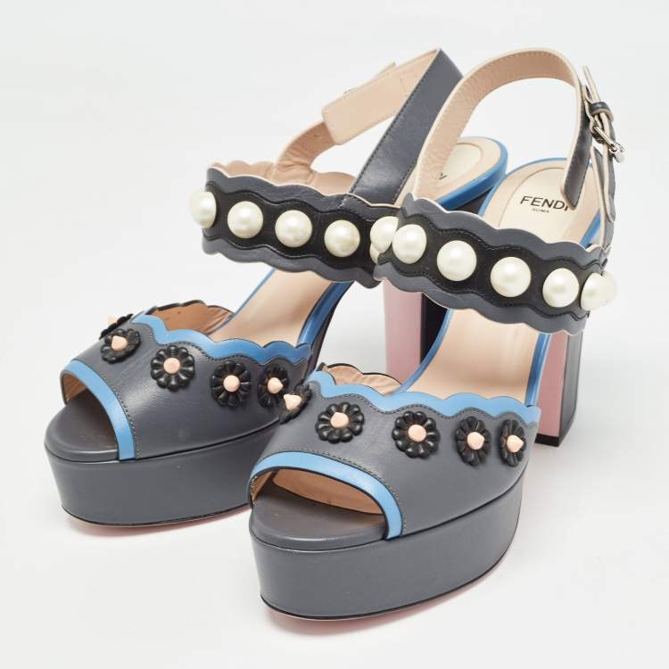Pre Owned Fendi Grey/Blue Leather Faux Pearl Embellished Platform Sandals Size 40