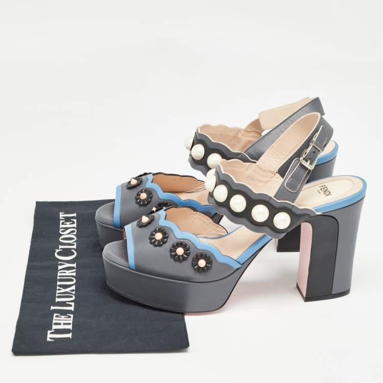 Pre Owned Fendi Grey/Blue Leather Faux Pearl Embellished Platform Sandals Size 40