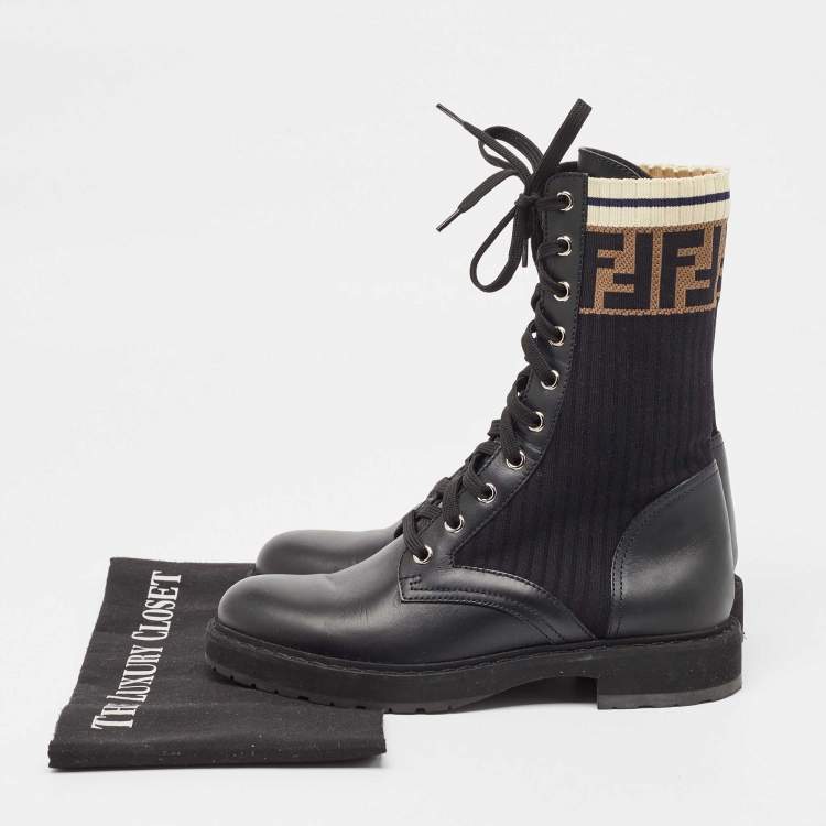 Pre Owned Fendi Black Leather and Zucca Stretch Fabric Rockoko Combat Boots Size 36