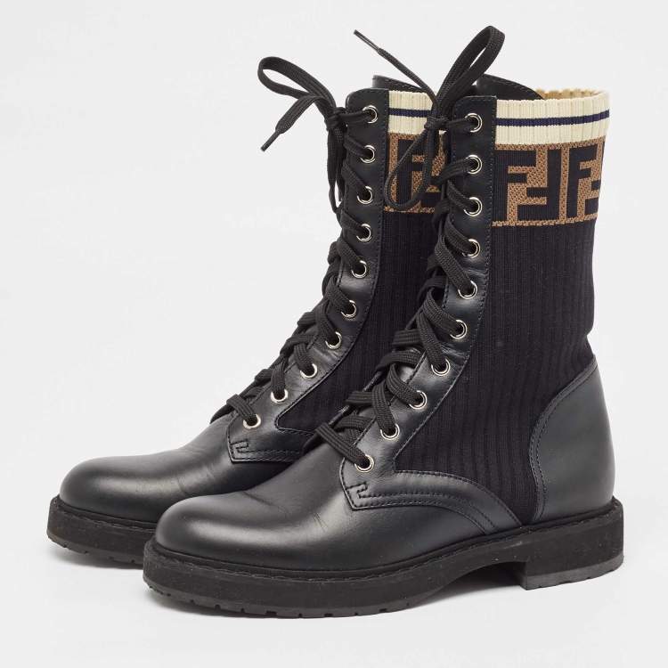 Pre Owned Fendi Black Leather and Zucca Stretch Fabric Rockoko Combat Boots Size 36