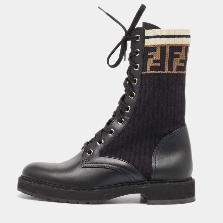 Pre Owned Fendi Black Leather and Zucca Stretch Fabric Rockoko Combat Boots Size 36
