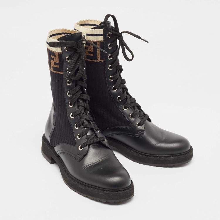 Pre Owned Fendi Black Leather and Zucca Stretch Fabric Rockoko Combat Boots Size 36