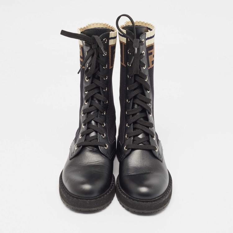 Pre Owned Fendi Black Leather and Zucca Stretch Fabric Rockoko Combat Boots Size 36