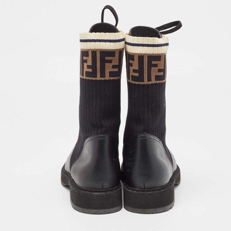 Pre Owned Fendi Black Leather and Zucca Stretch Fabric Rockoko Combat Boots Size 36
