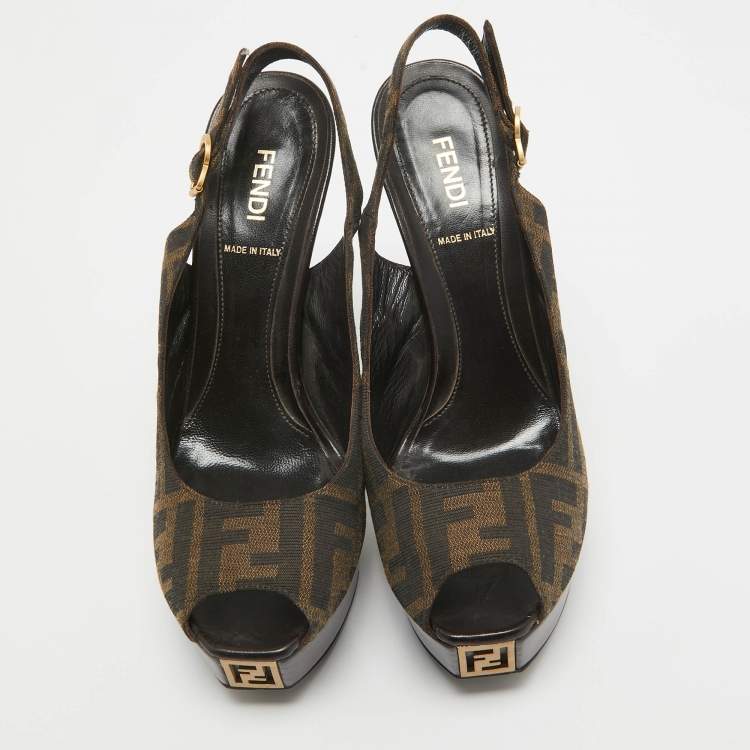 Pre Owned Fendi Brown/Beige Canvas Slingback Peep Toe Sandals Size 38