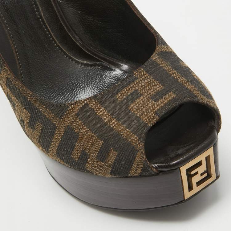Pre Owned Fendi Brown/Beige Canvas Slingback Peep Toe Sandals Size 38