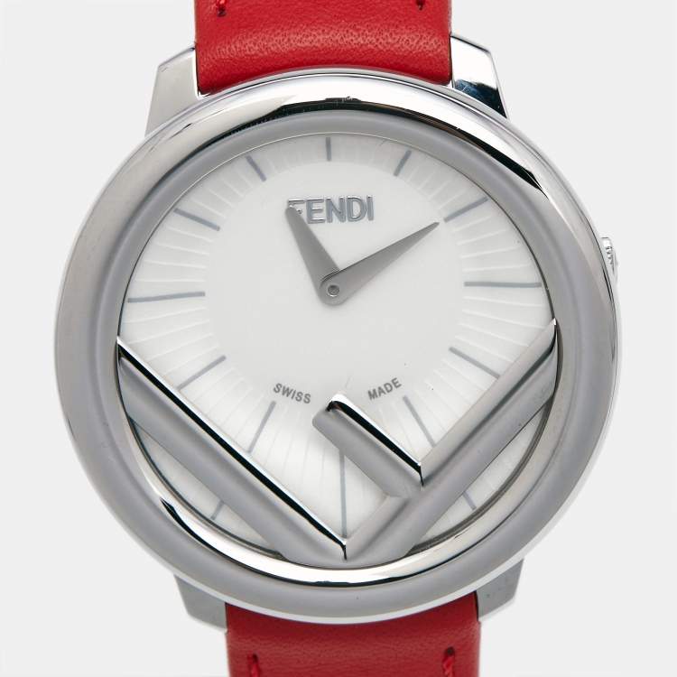 Pre Owned Fendi Opaline White Stainless Steel Leather Runaway 71000M Women's Wristwatch 36 mm
