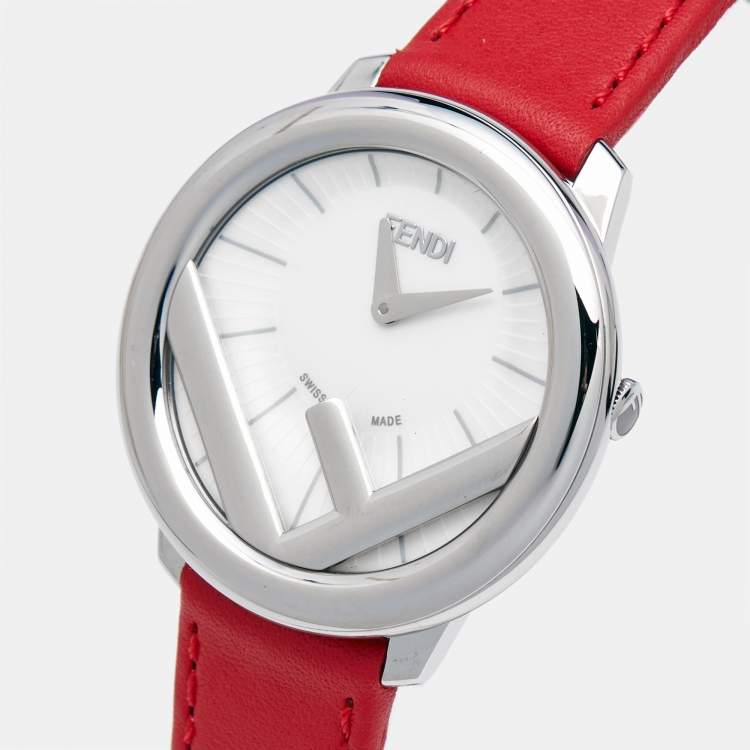 Pre Owned Fendi Opaline White Stainless Steel Leather Runaway 71000M Women's Wristwatch 36 mm