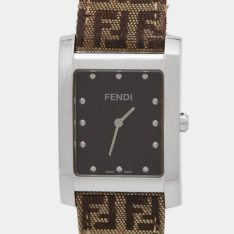 Pre Owned Fendi Brown Stainless Steel Canvas Classic 7000G Women's Wristwatch 27 mm