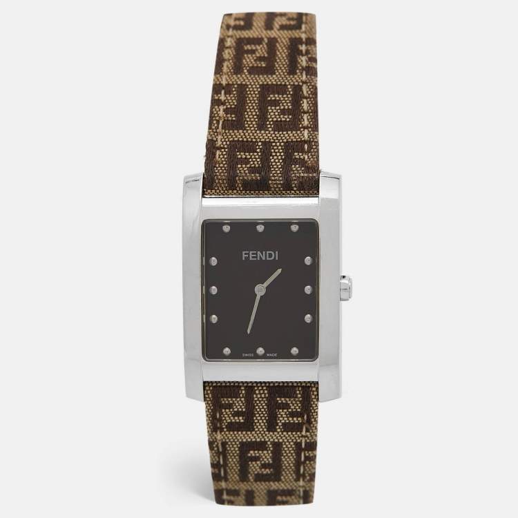 Pre Owned Fendi Brown Stainless Steel Canvas Classic 7000G Women's Wristwatch 27 mm