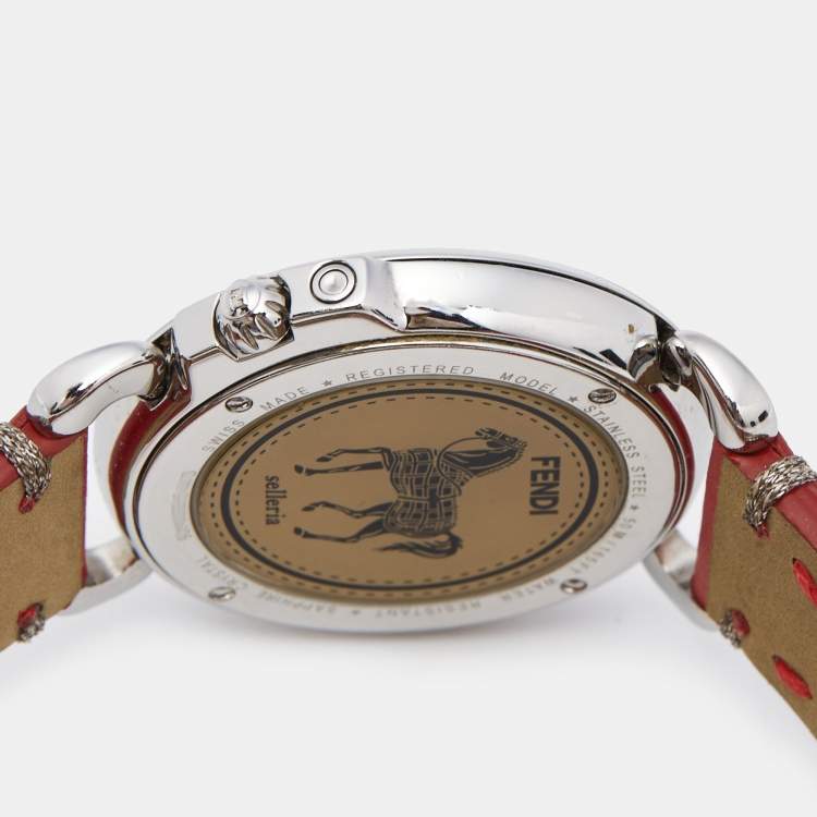 Pre Owned Fendi Mother of Pearl Diamond Stainless Steel Leather Selleria 8100M Women's Wristwatch 37 mm