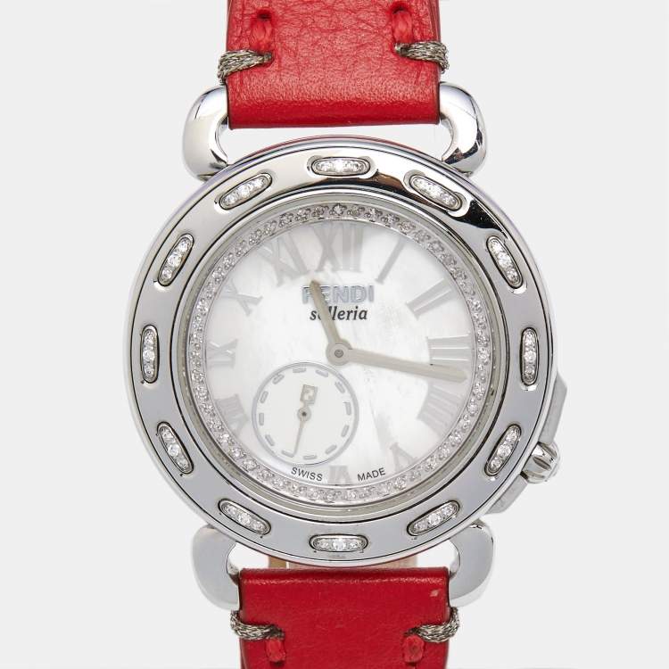 Pre Owned Fendi Mother of Pearl Diamond Stainless Steel Leather Selleria 8100M Women's Wristwatch 37 mm