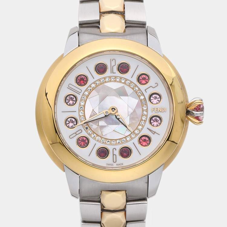 Pre Owned Fendi Mother of Pearl Diamond Topaz Two-Tone Stainless Steel IShine F121124500T01 Women's Wristwatch 33.50 mm