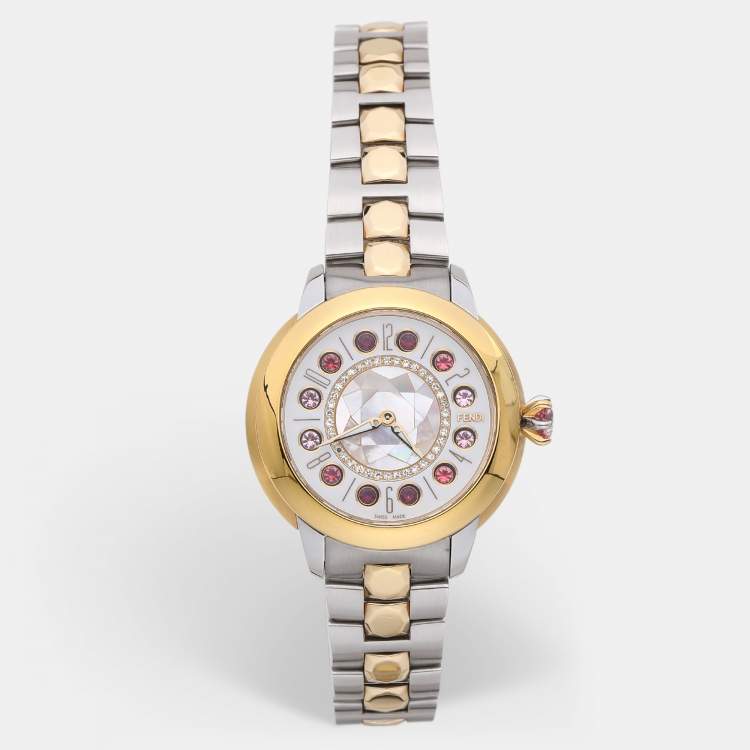 Pre Owned Fendi Mother of Pearl Diamond Topaz Two-Tone Stainless Steel IShine F121124500T01 Women's Wristwatch 33.50 mm