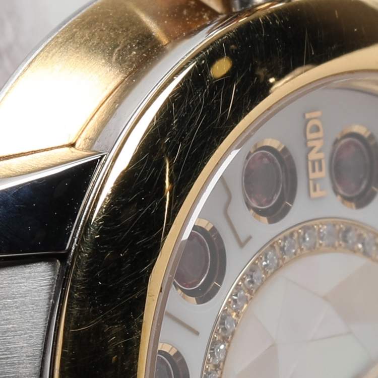 Pre Owned Fendi Mother of Pearl Diamond Topaz Two-Tone Stainless Steel IShine F121124500T01 Women's Wristwatch 33.50 mm