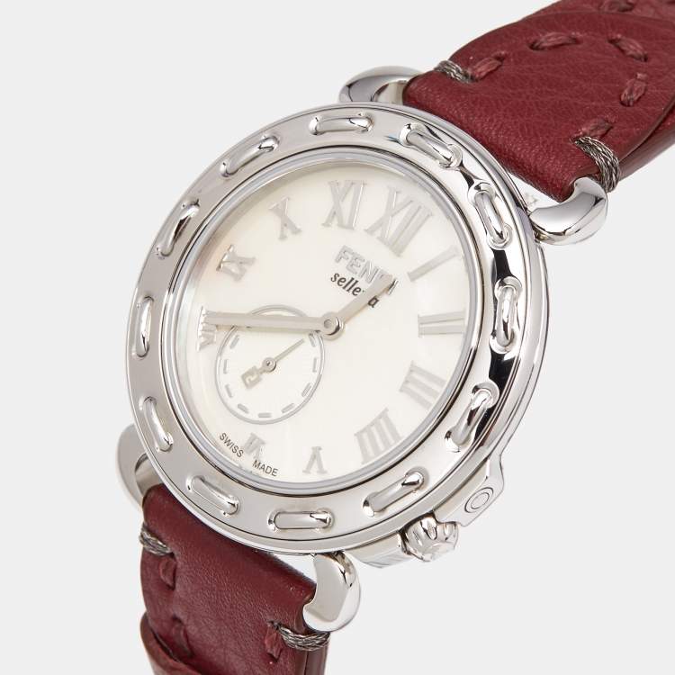 Pre Owned ساعة يد نسائية �فندي سلريا 8100أم جلد ستانلس ستيل بيضاء 37 مم