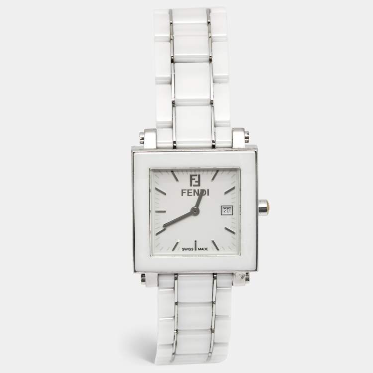 Pre Owned Fendi Quadro 6200G White Ceramic Enamel Stainless Steel Unisex Wristwatch 30 mm