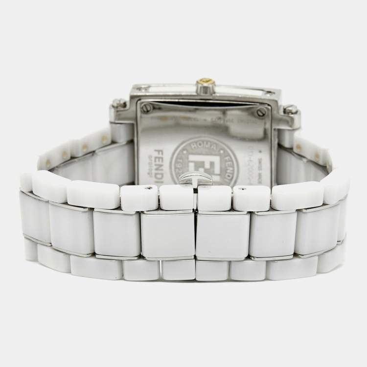 Pre Owned Fendi Quadro 6200G White Ceramic Enamel Stainless Steel Unisex Wristwatch 30 mm