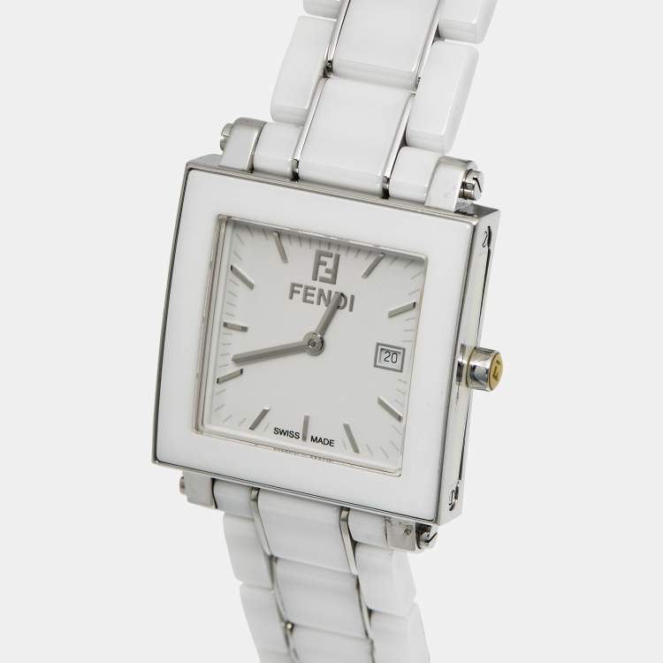 Pre Owned Fendi Quadro 6200G White Ceramic Enamel Stainless Steel Unisex Wristwatch 30 mm
