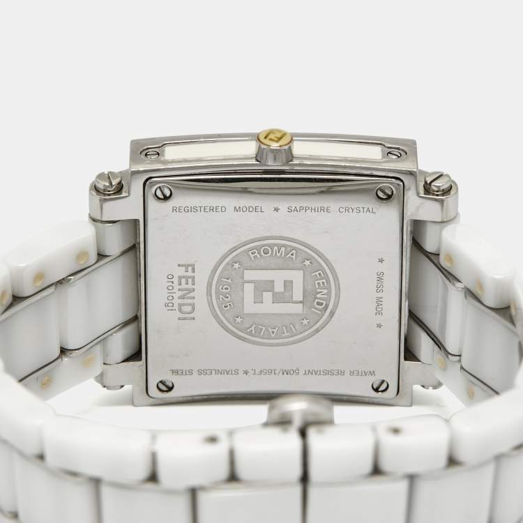Pre Owned Fendi Quadro 6200G White Ceramic Enamel Stainless Steel Unisex Wristwatch 30 mm