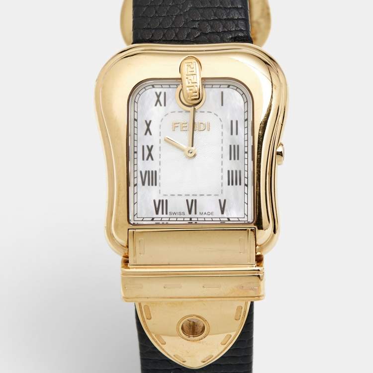 Pre Owned Fendi Mother of Pearl Gold Plated Stainless Steel Leather B.Fendi 3800G Women's Wristwatch 33 mm