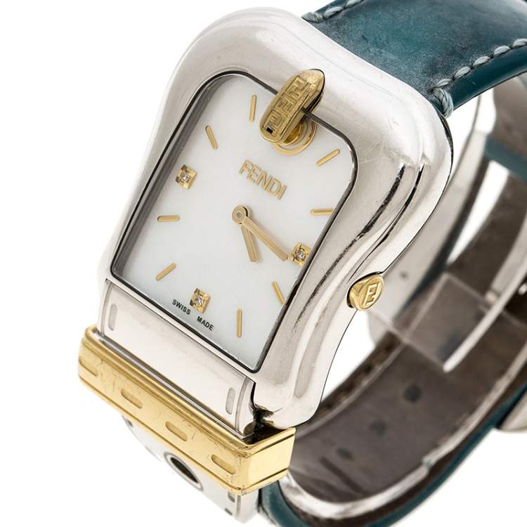 Pre Owned Fendi White Mother of Pearl Gold Plated Stainless Steel 3800G Women's Wristwatch 33 mm