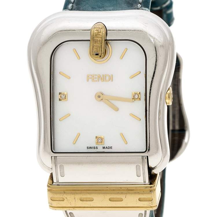 Pre Owned Fendi White Mother of Pearl Gold Plated Stainless Steel 3800G Women's Wristwatch 33 mm
