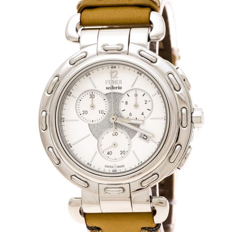 Pre Owned Fendi  Silver White Stainless Steel Selleria F89034H Women's Wristwatch 39 mm